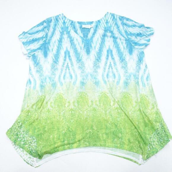 Time And Tru Shirt Women's XL (16-18) Blue Green Tie-Dye Short Sleeve Pullover - Picture 1 of 7